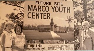 Marco Island Woman’s 1. Jane Hittler, Bernice Newton and Elliot Fisher of Naples Federal Bank, who donated the sign April in 1974..jpeg